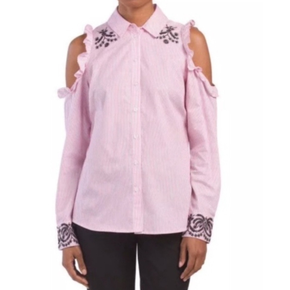Nanette Lepore Blouse Cold Shoulder Ruffled Top Pink Flamingo Dreams Size Small